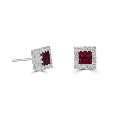 14K White Gold Princess-Cut Ruby Halo Stud Earrings with Diamond Accents

