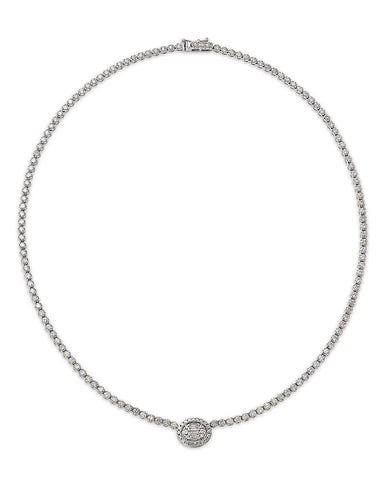 14K white gold diamond tennis necklace featuring a round-cut diamond strand with a baguette diamond halo pendant, perfect for special occasions.