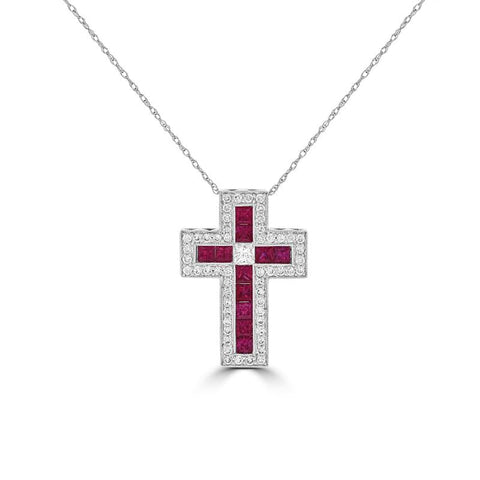 Square ruby and diamond cross pendant set in 14K white gold