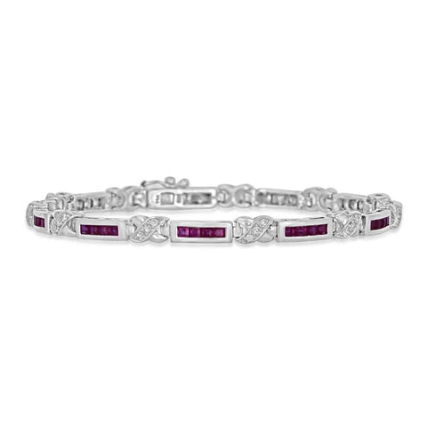 Elegant square ruby and diamond channel bracelet in 14K white gold
