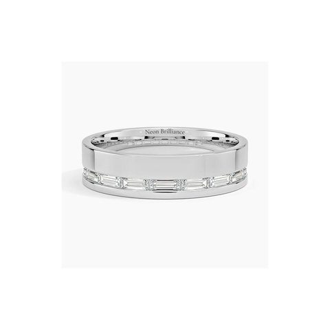 Men’s 14K gold eternity band with channel-set baguette diamonds. A modern and sophisticated wedding or anniversary ring with a timeless luxury appeal.