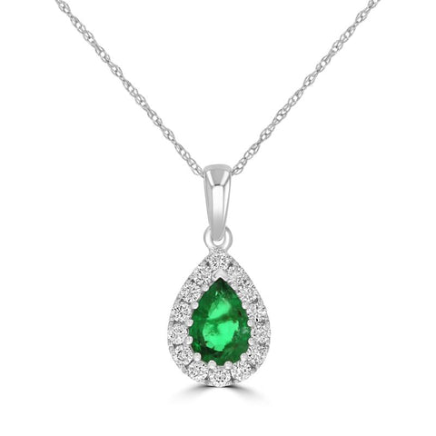 14K white gold pear-shaped emerald halo pendant with round diamonds