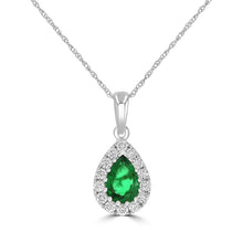 14K white gold pear-shaped emerald halo pendant with round diamonds