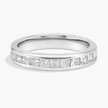 14K white gold channel-set band with princess-cut lab-grown diamonds, displayed on hand and white background.