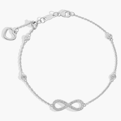 14K White Gold Infinity Diamond Bracelet with Station Diamonds, Delicate Chain, and Heart Charm Clasp