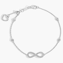 14K White Gold Infinity Diamond Bracelet with Station Diamonds, Delicate Chain, and Heart Charm Clasp