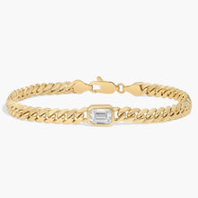 14K gold Cuban chain bracelet with bezel-set emerald cut lab-grown diamond centerpiece

