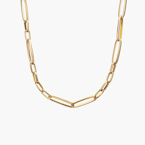 Model wearing a 34-inch mixed link necklace in 18K Italian yellow gold