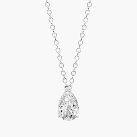 Pear-cut solitaire lab-grown diamond pendant in solid 14K gold on a delicate chain, available in yellow, white, or rose gold.

