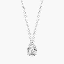 Pear-cut solitaire lab-grown diamond pendant in solid 14K gold on a delicate chain, available in yellow, white, or rose gold.

