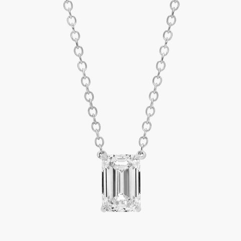 14K white gold emerald-cut diamond pendant necklace with a minimalist fine chain
