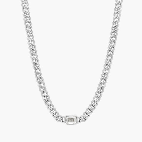 14K gold curb chain necklace with emerald-cut lab-grown diamond centerpiece in yellow and white gold
