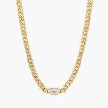 14K Gold Curb Chain Necklace 2mm with Lab Emerald-Cut Diamond
