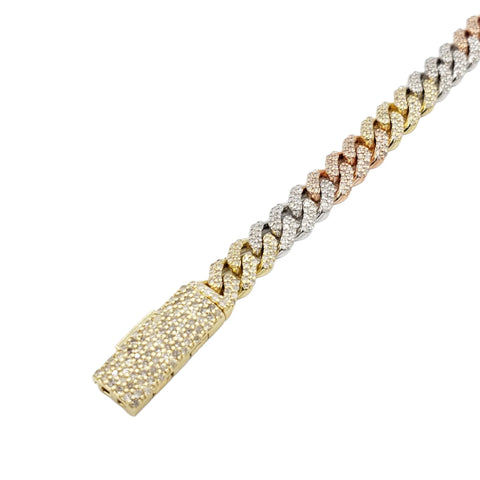 14K gold iced out diamond Cuban link bracelet in yellow, white, and tri-color options, featuring secure clasp and luxury shine.

